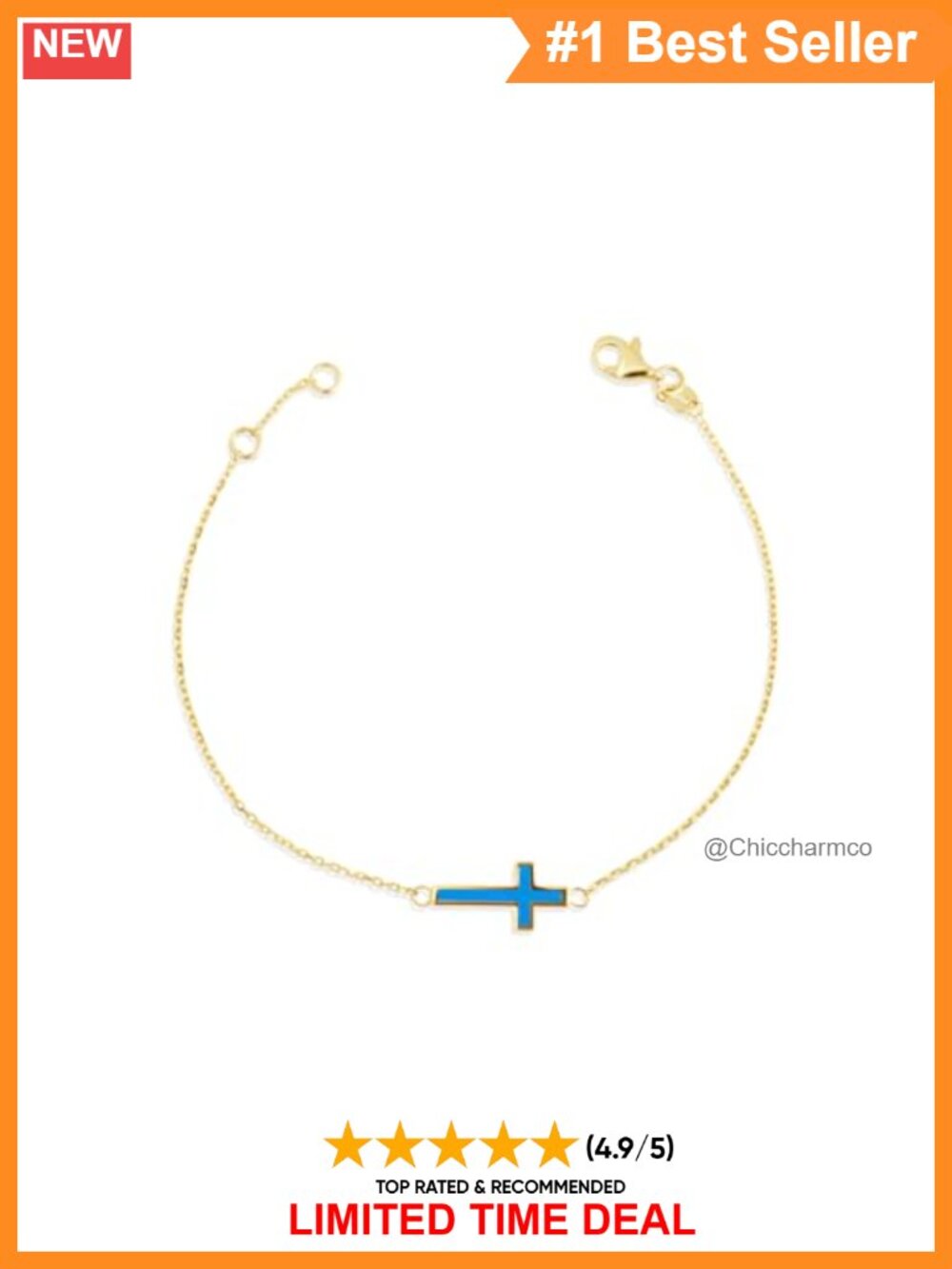 14K Yellow Gold Blue Enamel Cross Bracelet 7"